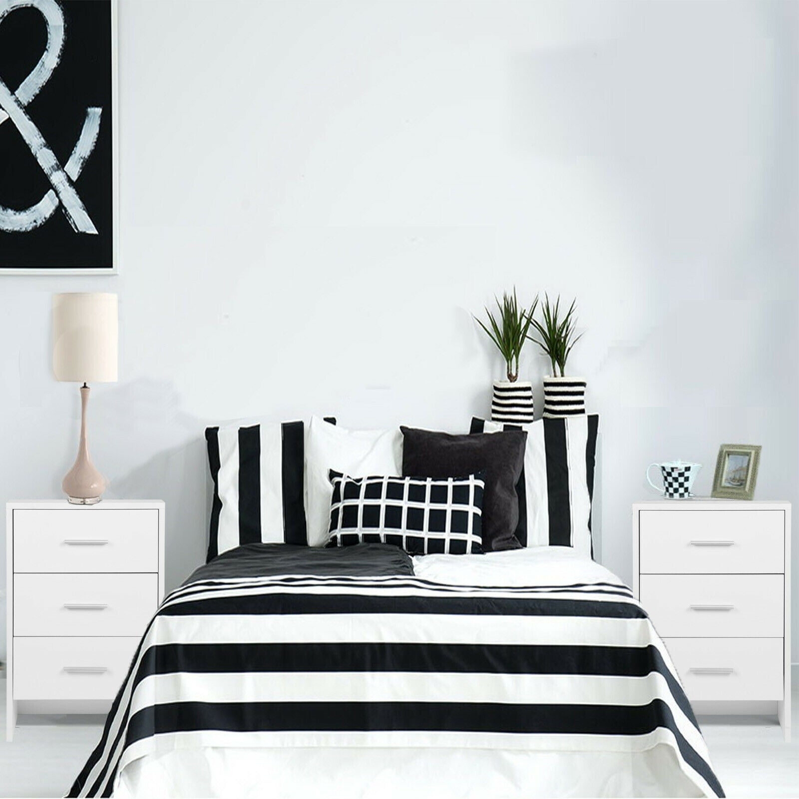 3 Drawers Bedside Table Nightstand Cabinet Bedroom Furniture Storage Home White