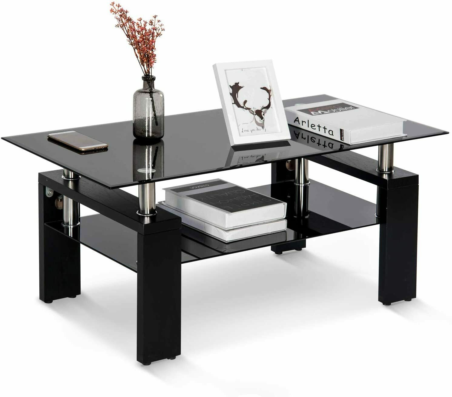Tempered Glass Chrome Living Room Coffee Table, Black Modern Rectangle Tea Table