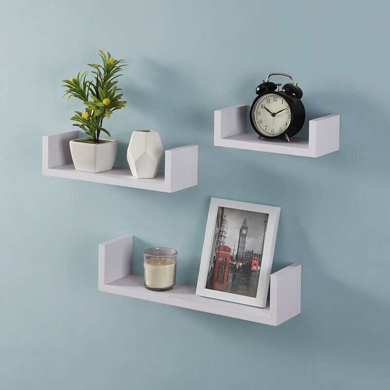 Set of 3 U Shape Floating Wall Shelf Storage Display White Black Oak Grey Blush