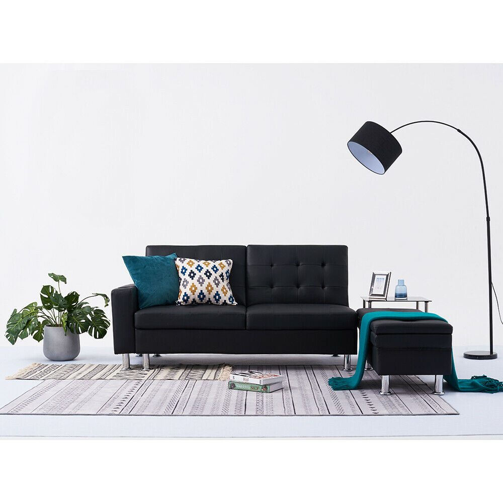 3 Seater L-Shaped Black Faux Leather Sofa Bed w Ottoman & Cup Holder Recliner