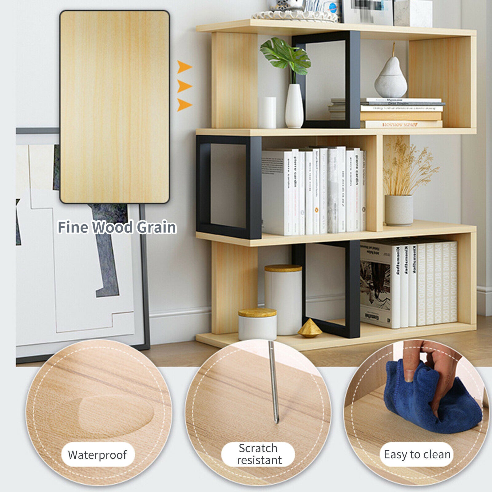 3 Tier Wood Modern S-Shaped Bookcase Storage Shelf Display Unit Lounge Bookshelf