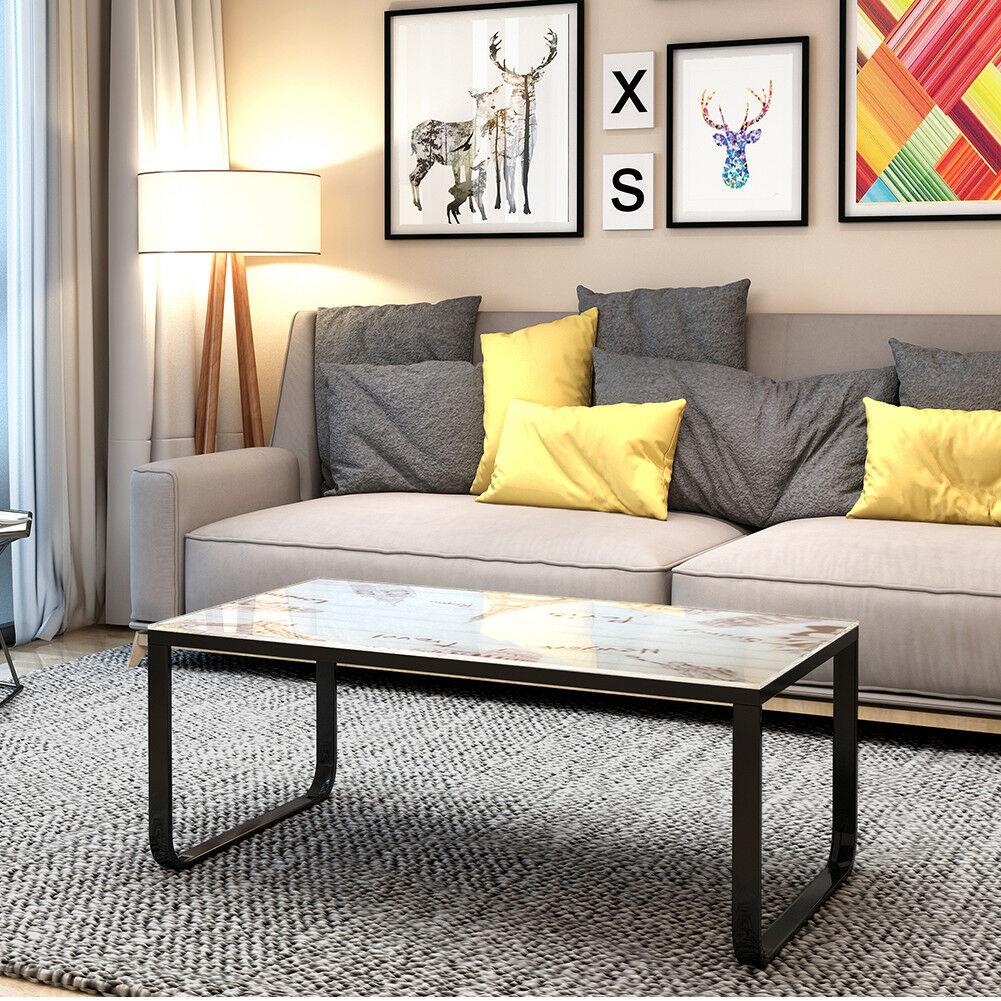 Tempered Glass Coffee Table with Metal Frame Side End Table Modern Living Room