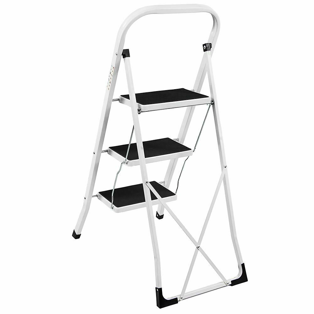 3 Step Ladder Folding Iron Stool Safe Anti-Slip Tread Mat White Black DIY