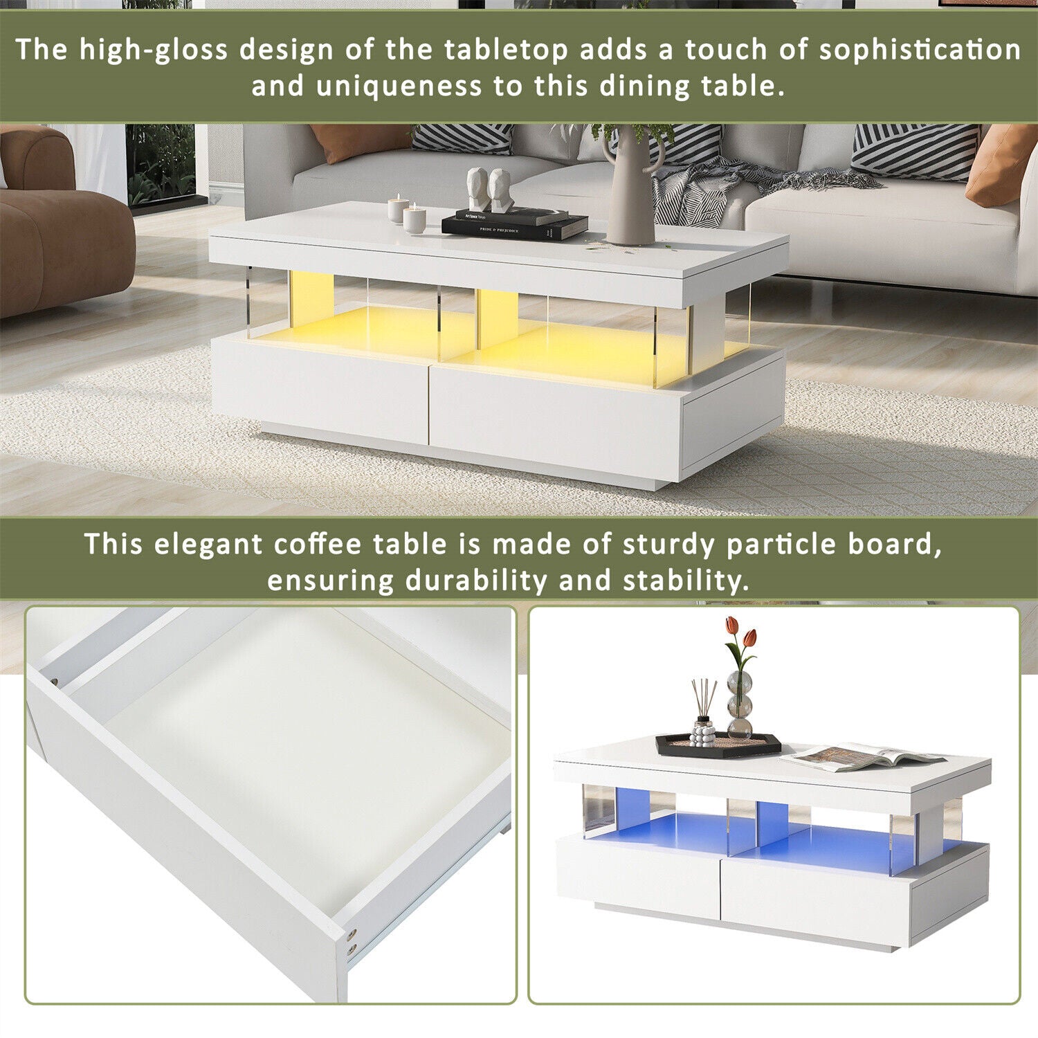 Coffee Table High Gloss LED RGB Tea Table With Storage Drawers Living Room HT