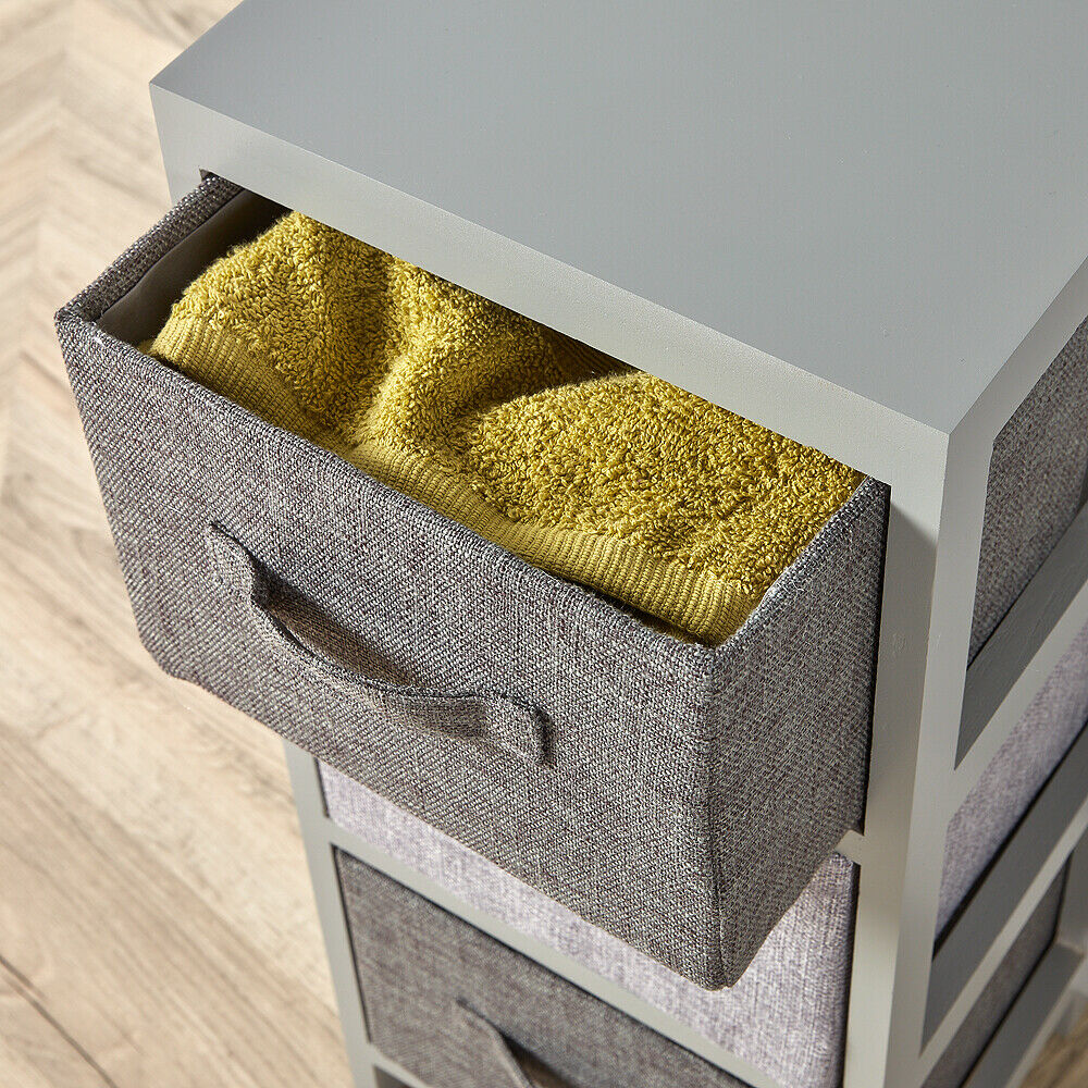 Grey Wooden Storage Unit 3 Drawer Fabric Basket Chest Organiser Bedroom Hallway