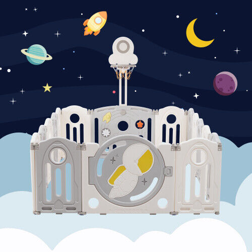 Foldable Baby Playpen with Activity Panel and Basketball Hoop 16 Panels Grey HT