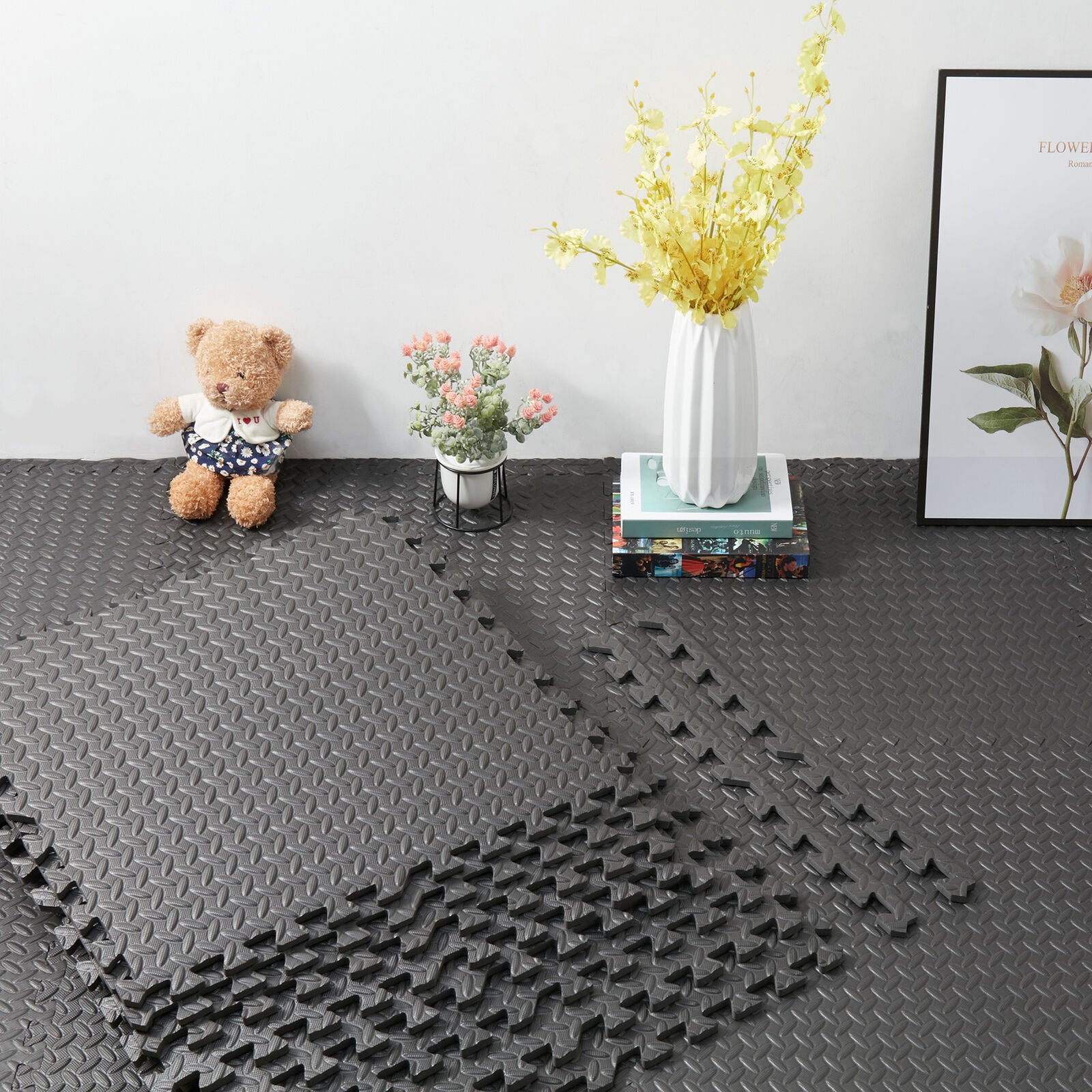12 Mats / 48 Square Feet Extra Thich Gym Flooring Interlocking Floor Mats Black