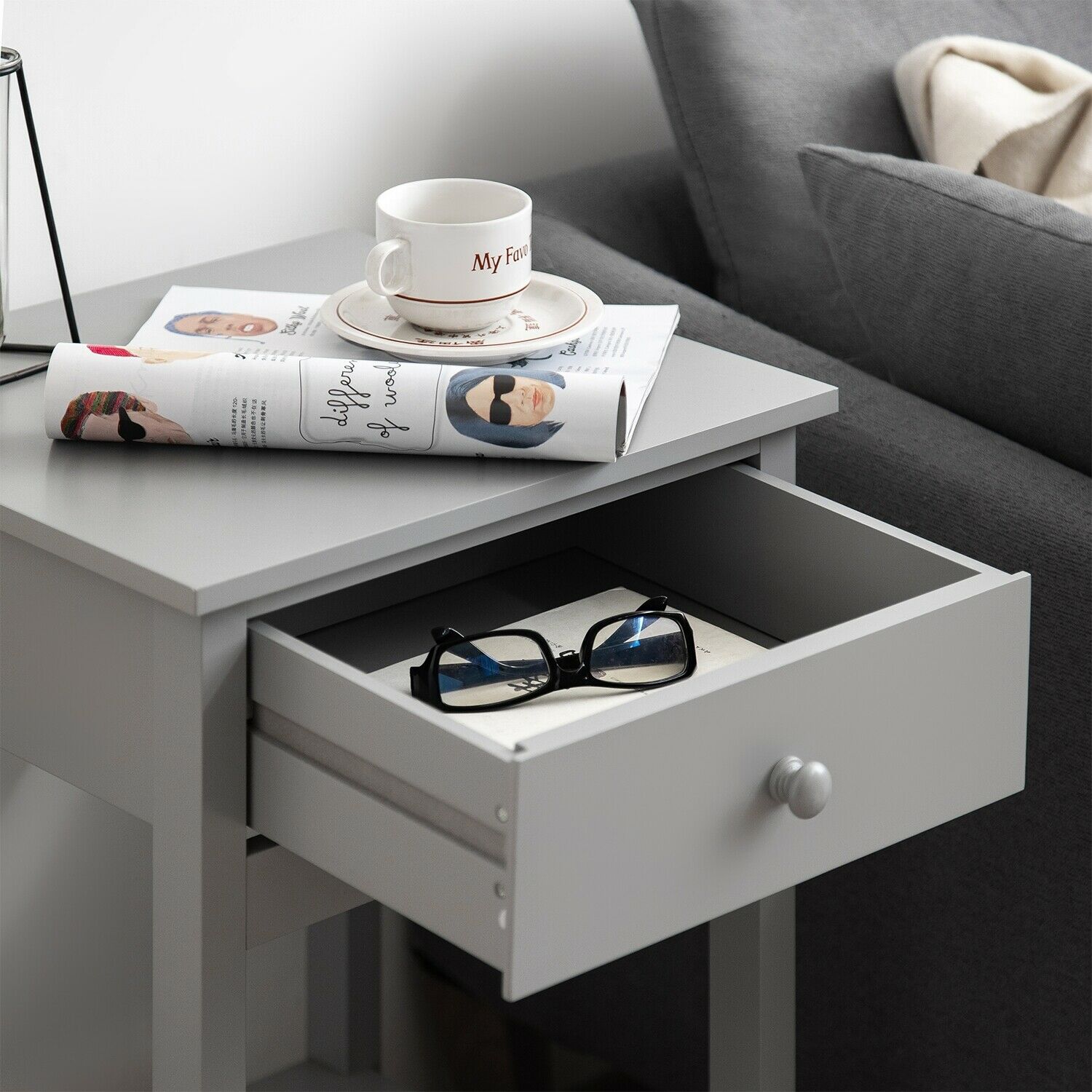 Bedside Drawer with Shelf Cabinet Side Table Storage Unit - Grey