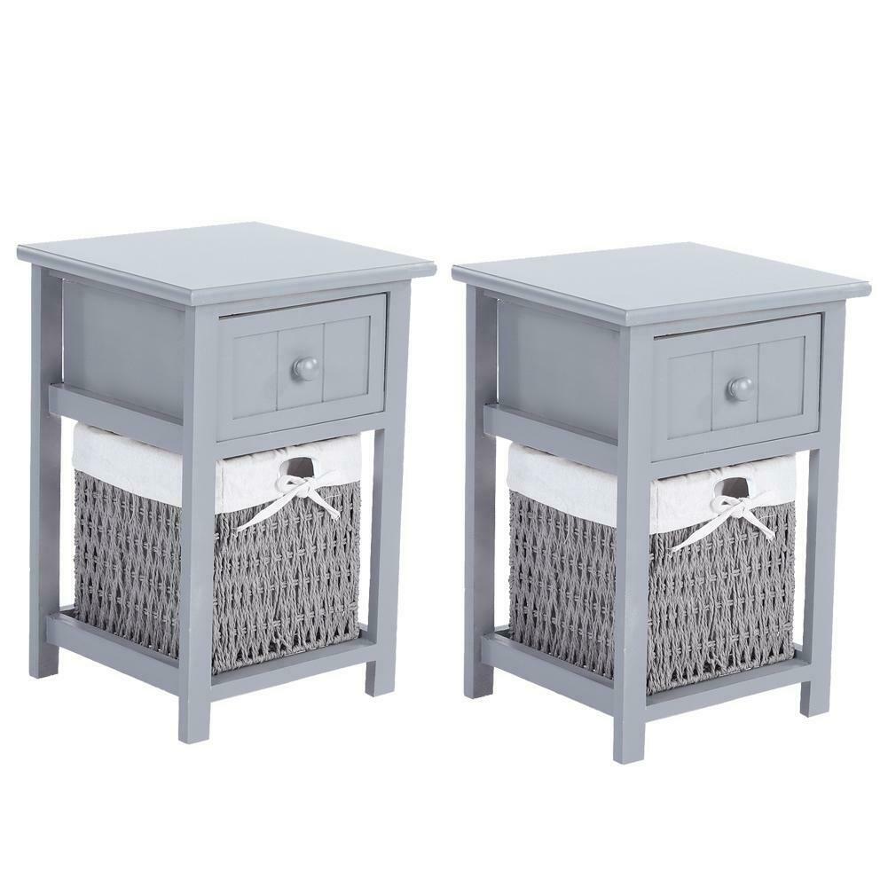 2 Pcs Wooden Bedside Table NightStand Cabinet Storage Drawer Wicker Basket Grey