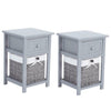 2 Pcs Wooden Bedside Table NightStand Cabinet Storage Drawer Wicker Basket Grey