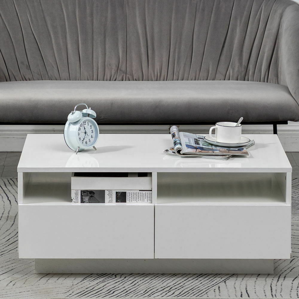 LED Light High Gloss Coffee Table Storage Shelf and 4 Drawers Home Living Room