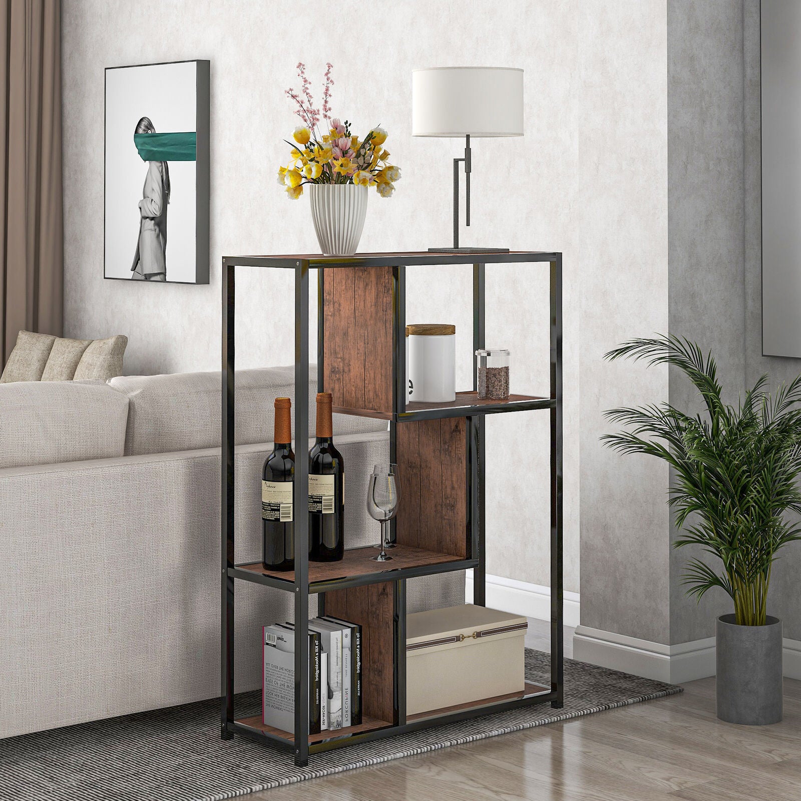 Industrial Bookcase 3-Tier Storage Rack Living Room Home Office Steel Frame