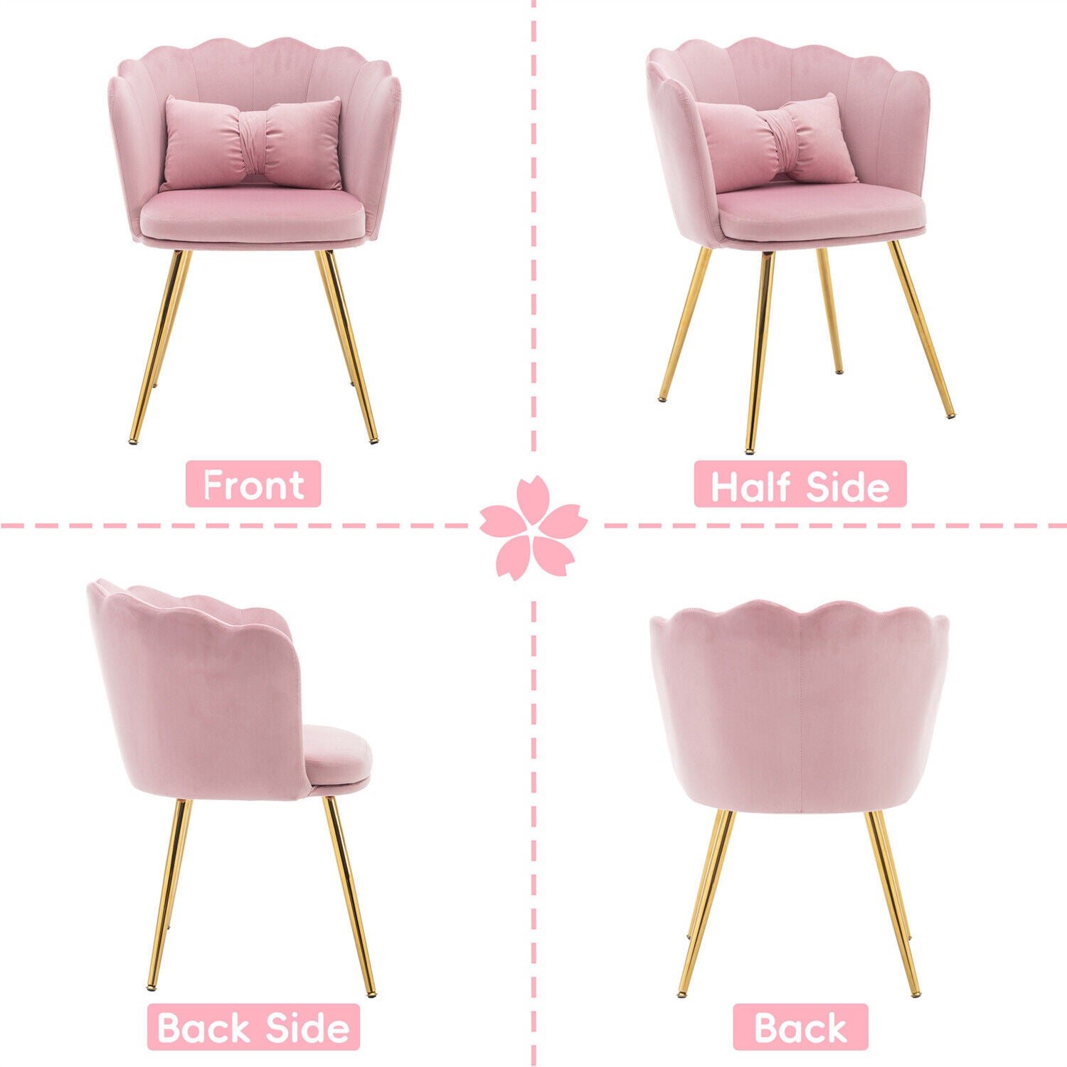 2x Velvet Upholstered Accent Chair Wing Back Armchair w/ Pilows Metal Legs Pink