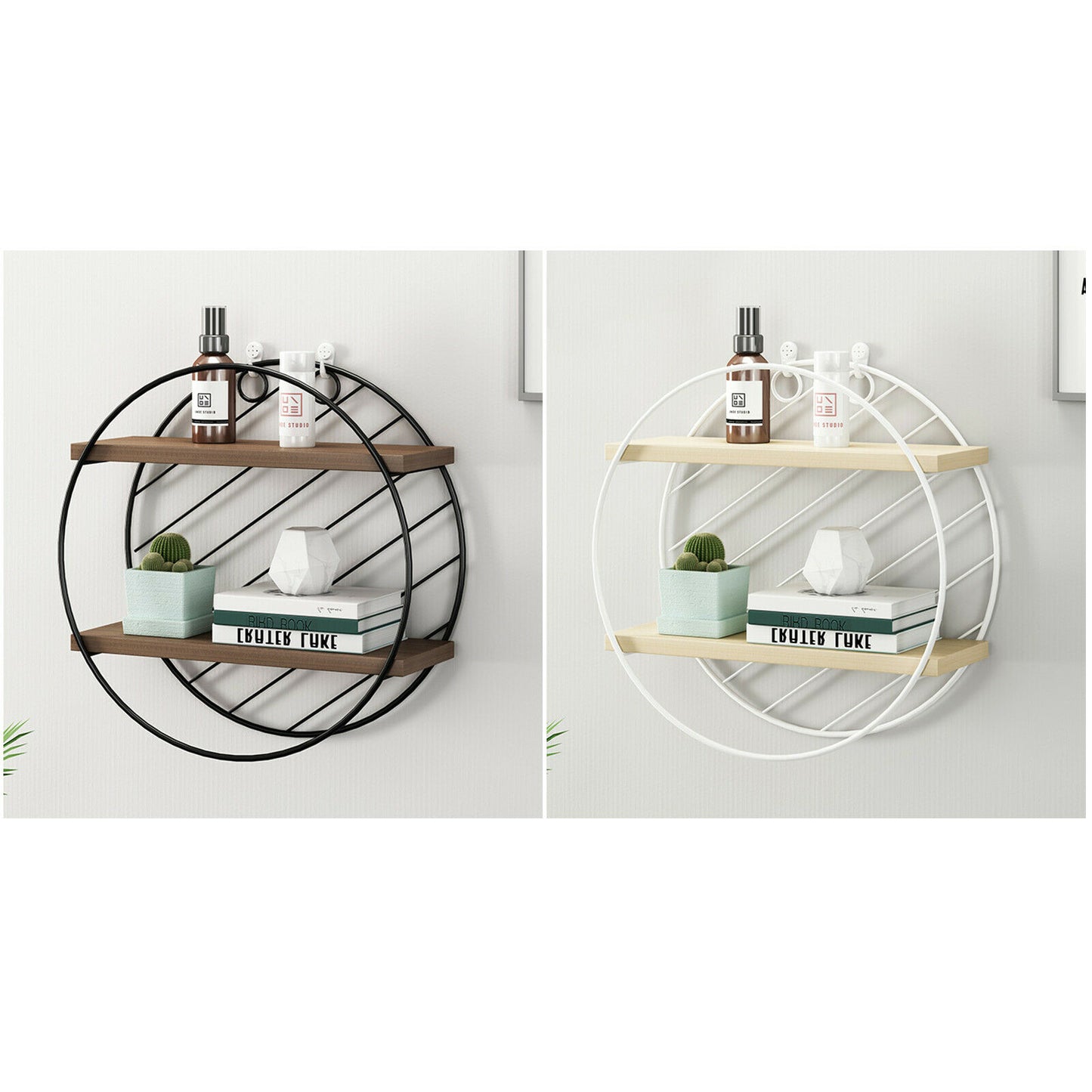 Retro Metal Wire Wood Round Wall Floating Shelving Storage Shelf Display Unit UK