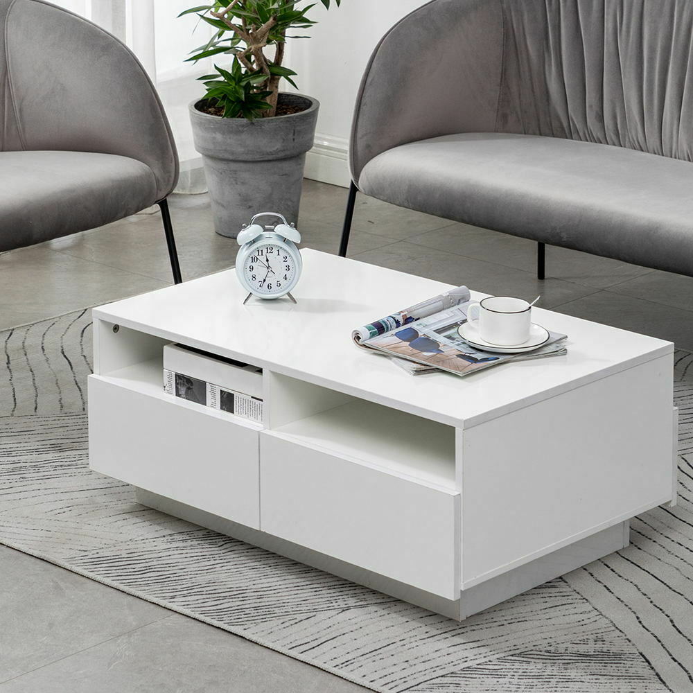 LED Light High Gloss Coffee Table Storage Shelf and 4 Drawers Home Living Room
