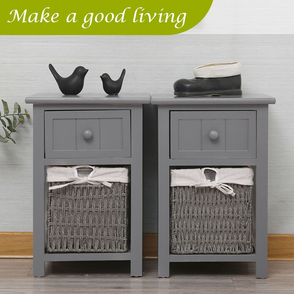 A Pair of Wooden Bedside Tables Storage Drawer Wicket Baskets Nightstand Cabinet