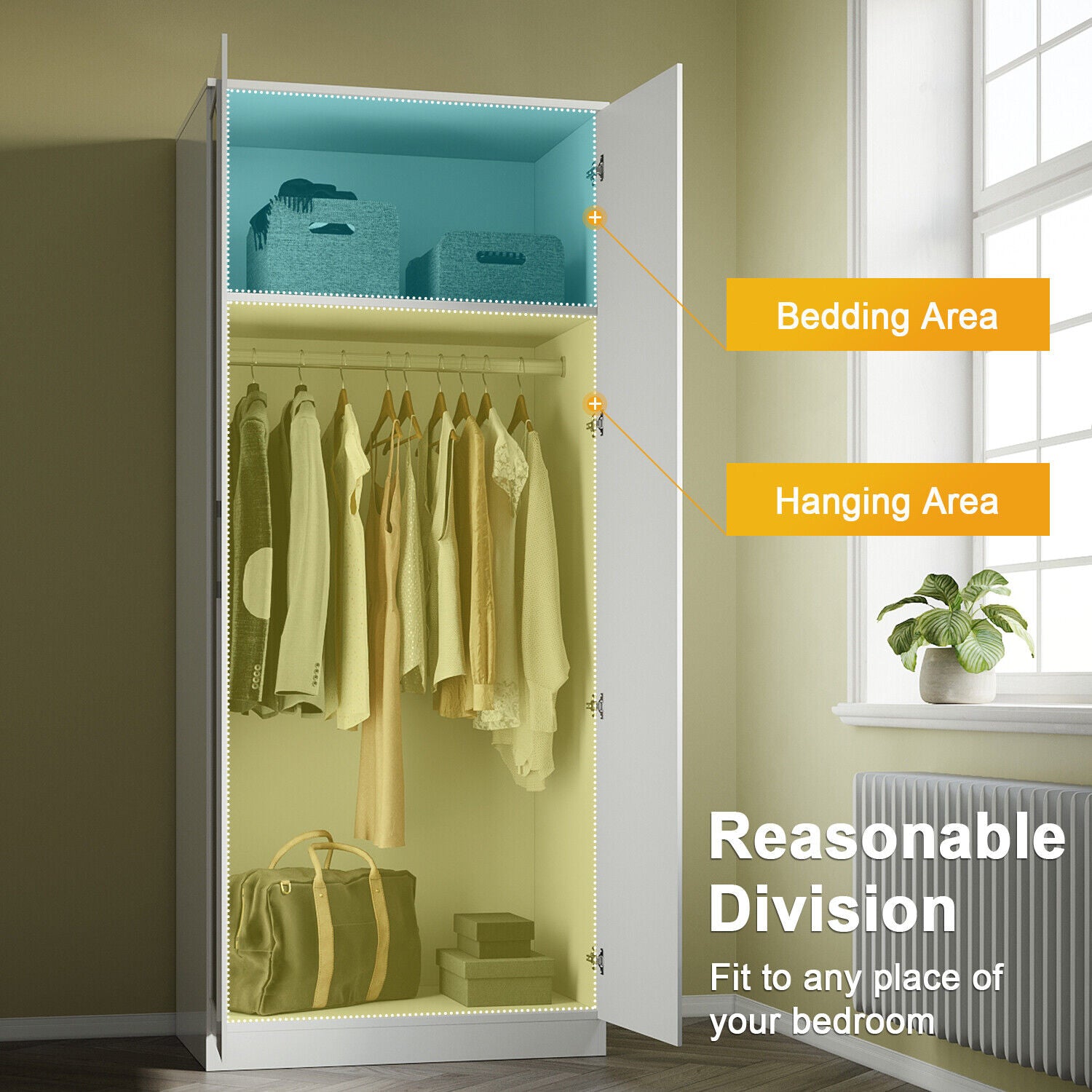 High Gloss 2 Door Wardrobe Bedroom Furniture Storage with Mirror Hanging Rail