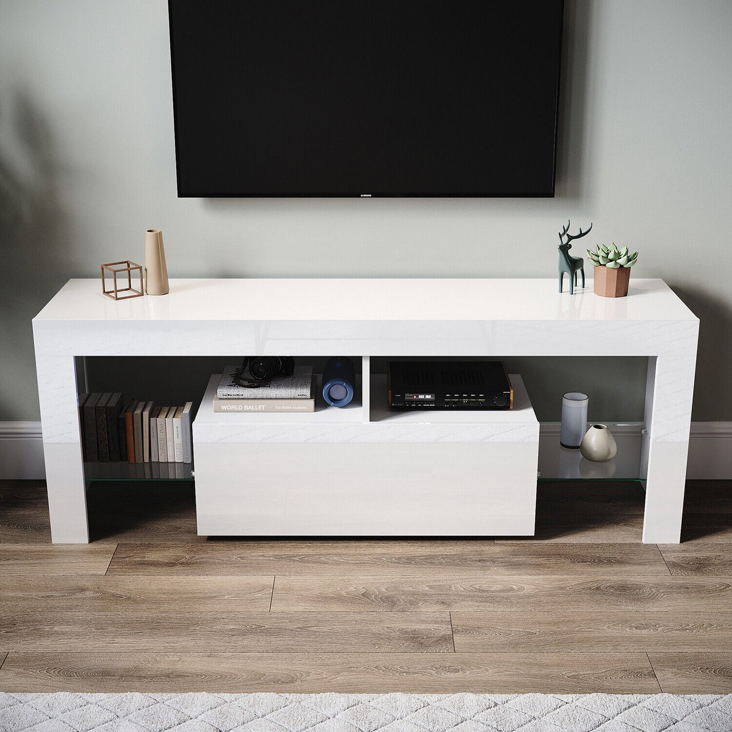 High Gloss White 140cm TV Stand Cabinet Unit Drawer Sideboard with LED Lights
