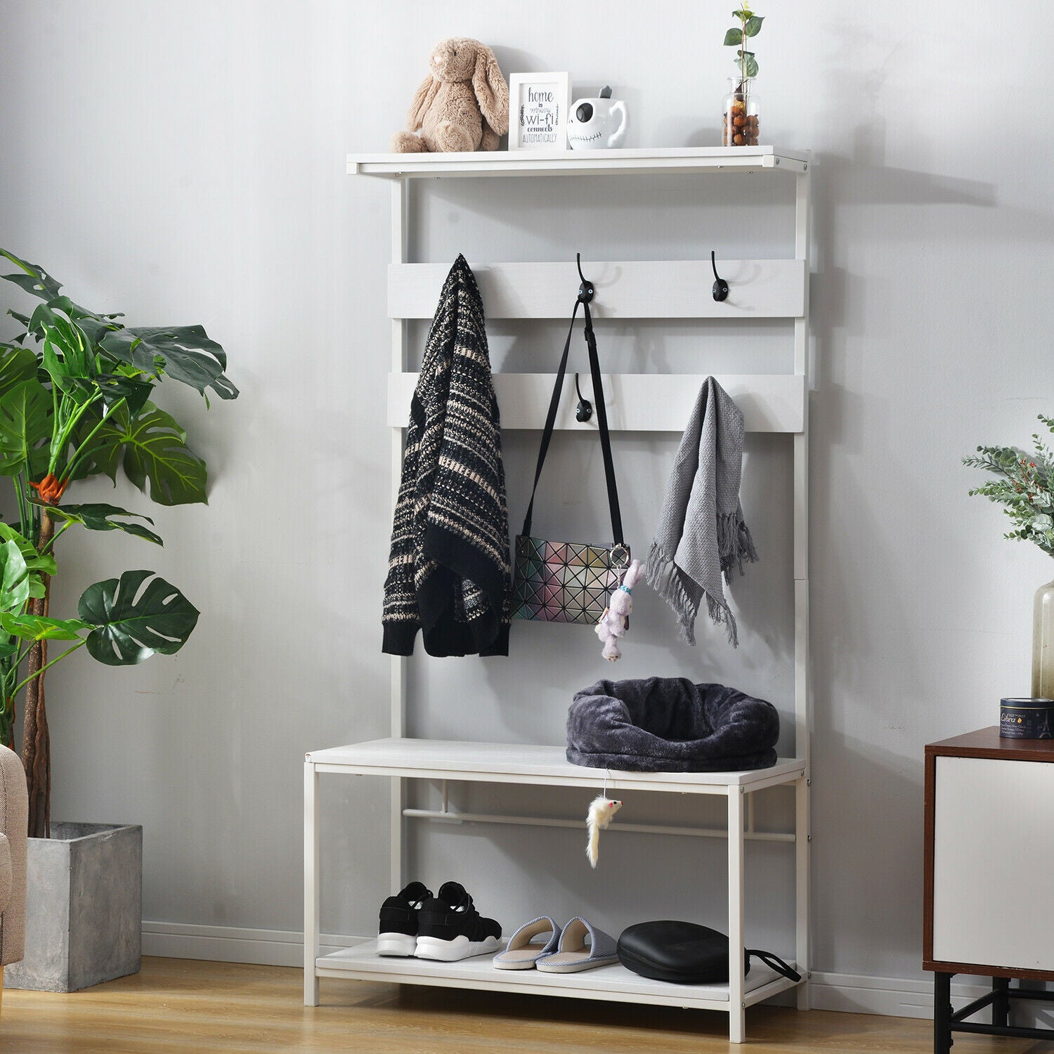 Coat rank Shoe Rack Hanging Bench Seat Hanger with Removable 6 Hooks Wood