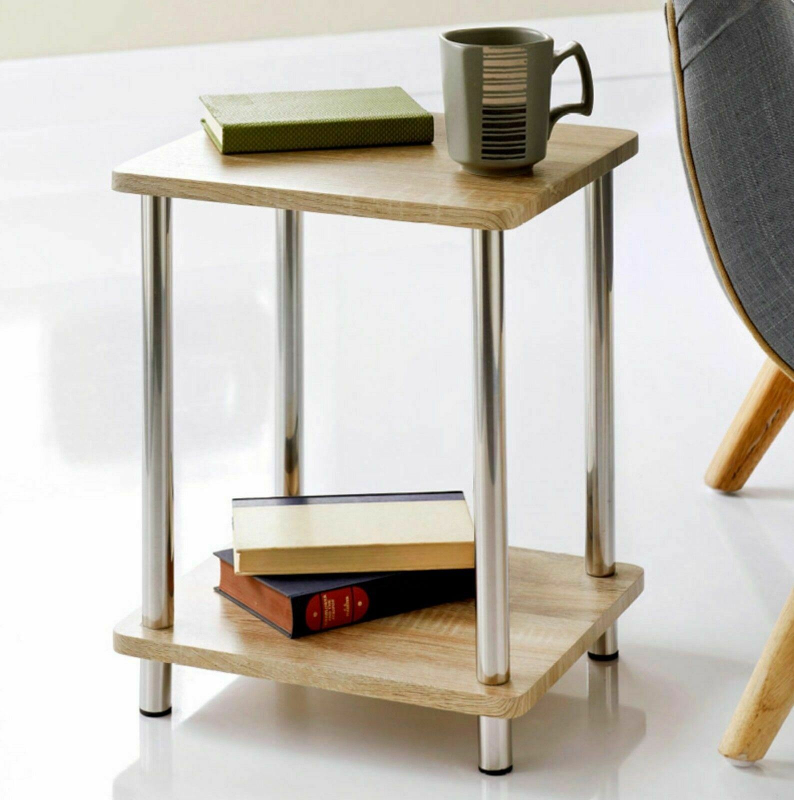Small 2 Tier Oak Finish Side Table with Shelf Office Bedroom Coffee End Table