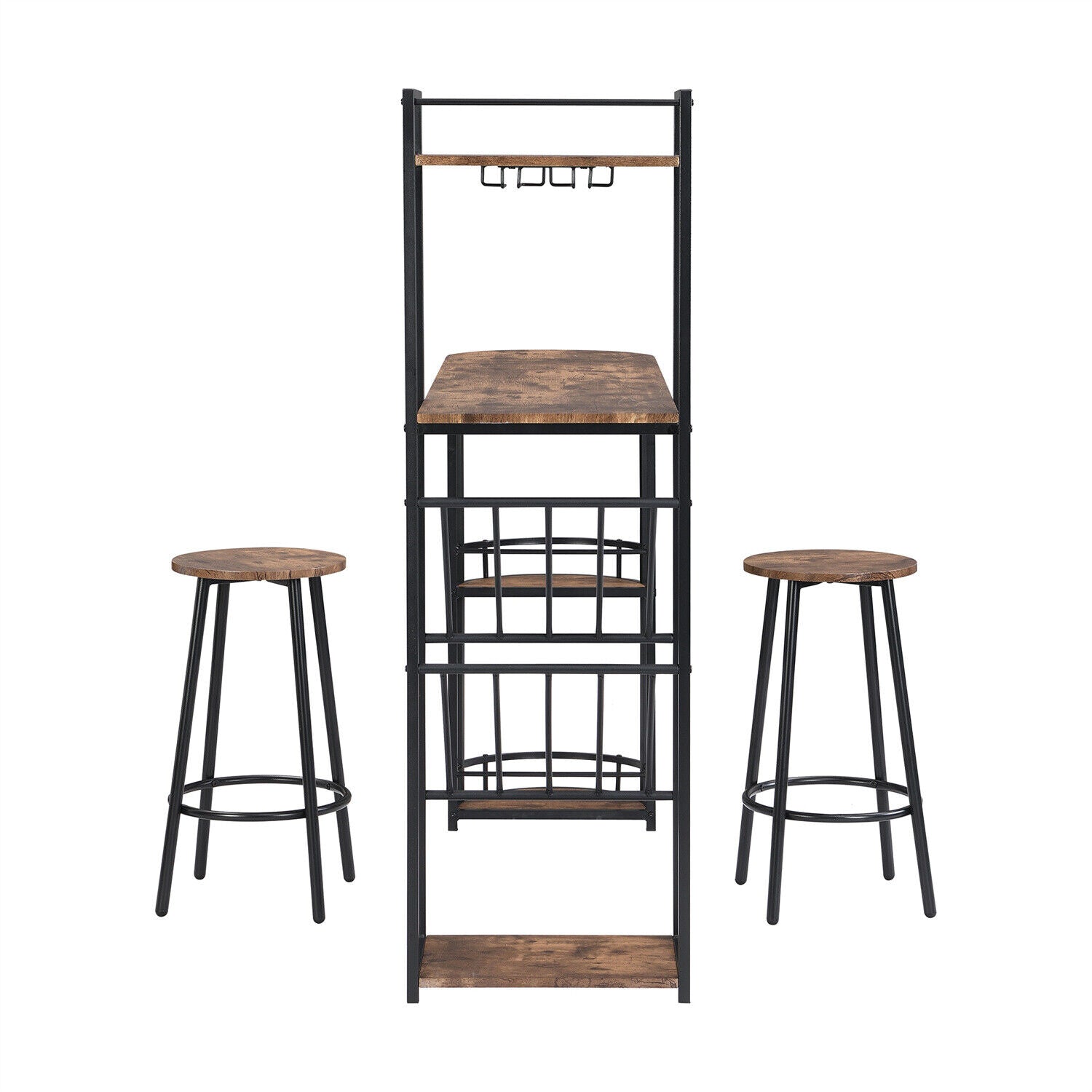 Industrial Bar Table Set with 2 Chairs Dining Set w/ Wine Rack Side Storage HT