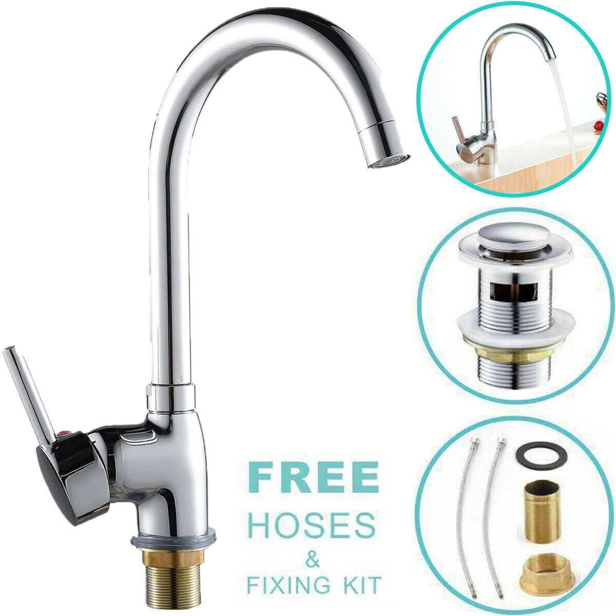 Modern Kitchen Sink Faucet Single Handle Swivel Spout Mixer Taps Mono  Chrome Tap