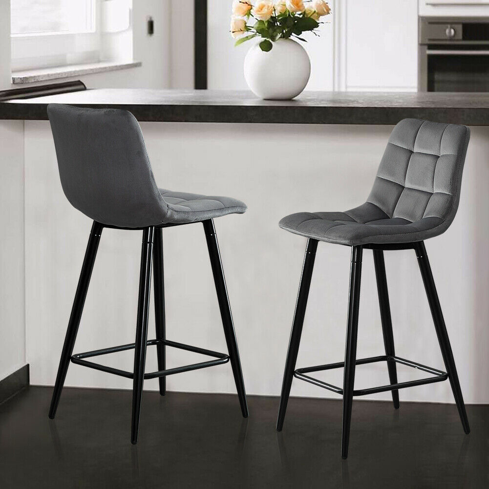 2X Grey Velvet Bar Stools Breakfast Pub Chair With Footrest Modern Home Kitchen