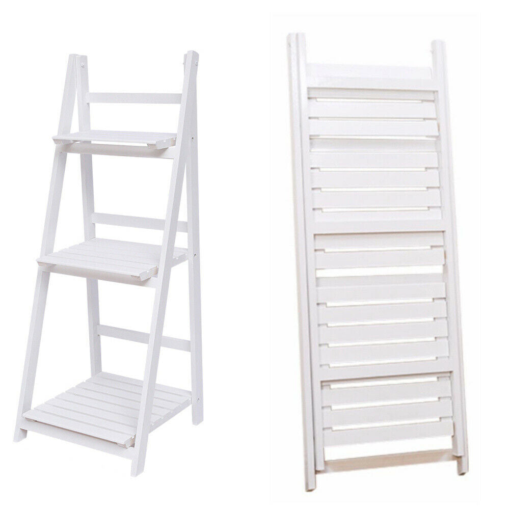 3 Tier Wood Folding Ladder Shelf Flower Plant Pot Stand Storage Display Shelving (White 3 Tier Ladder Shelf 42x40x107cm)