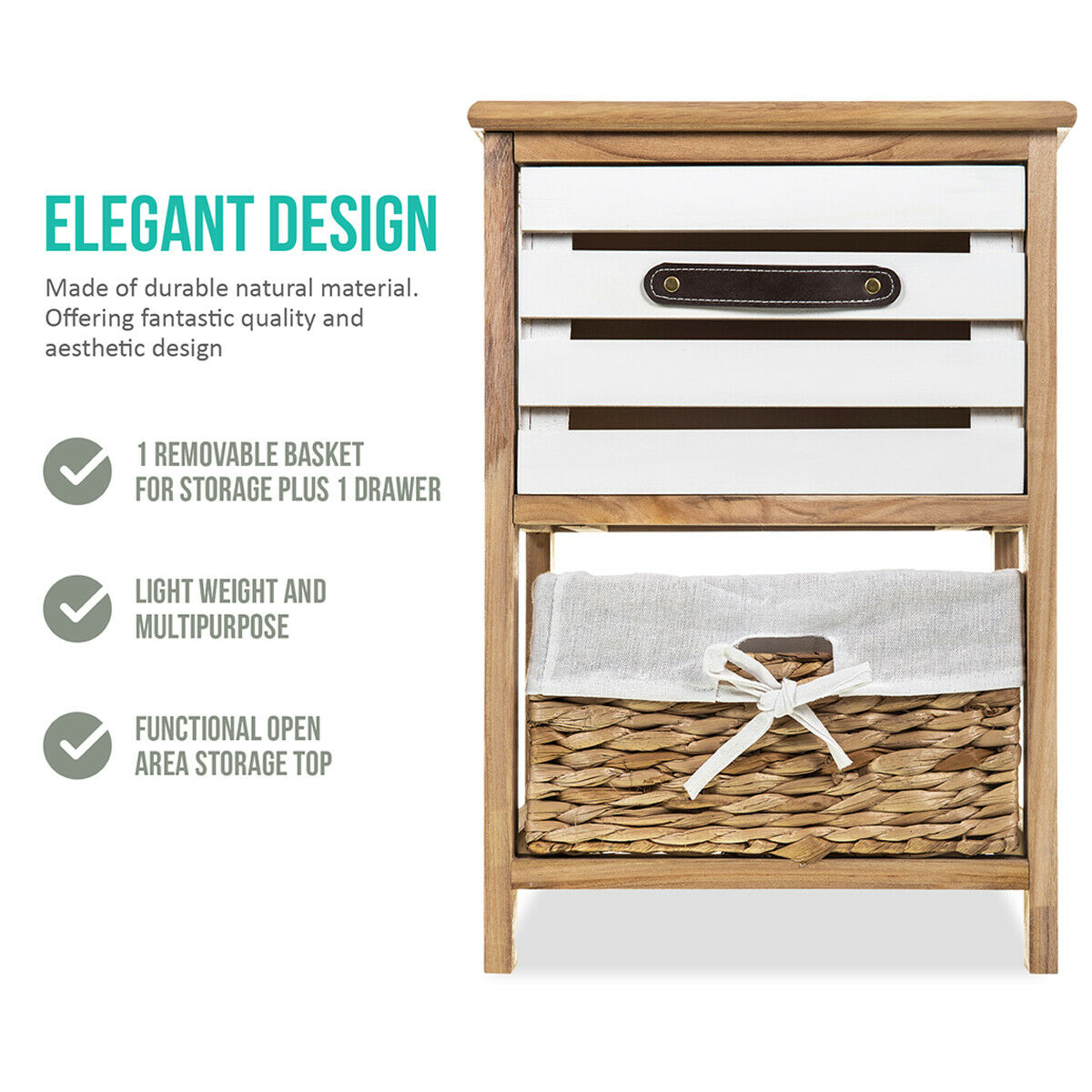 Bedside Table Unit Cabinet Wicker Basket 2/3 Drawer Nightstand Storage Bathroom