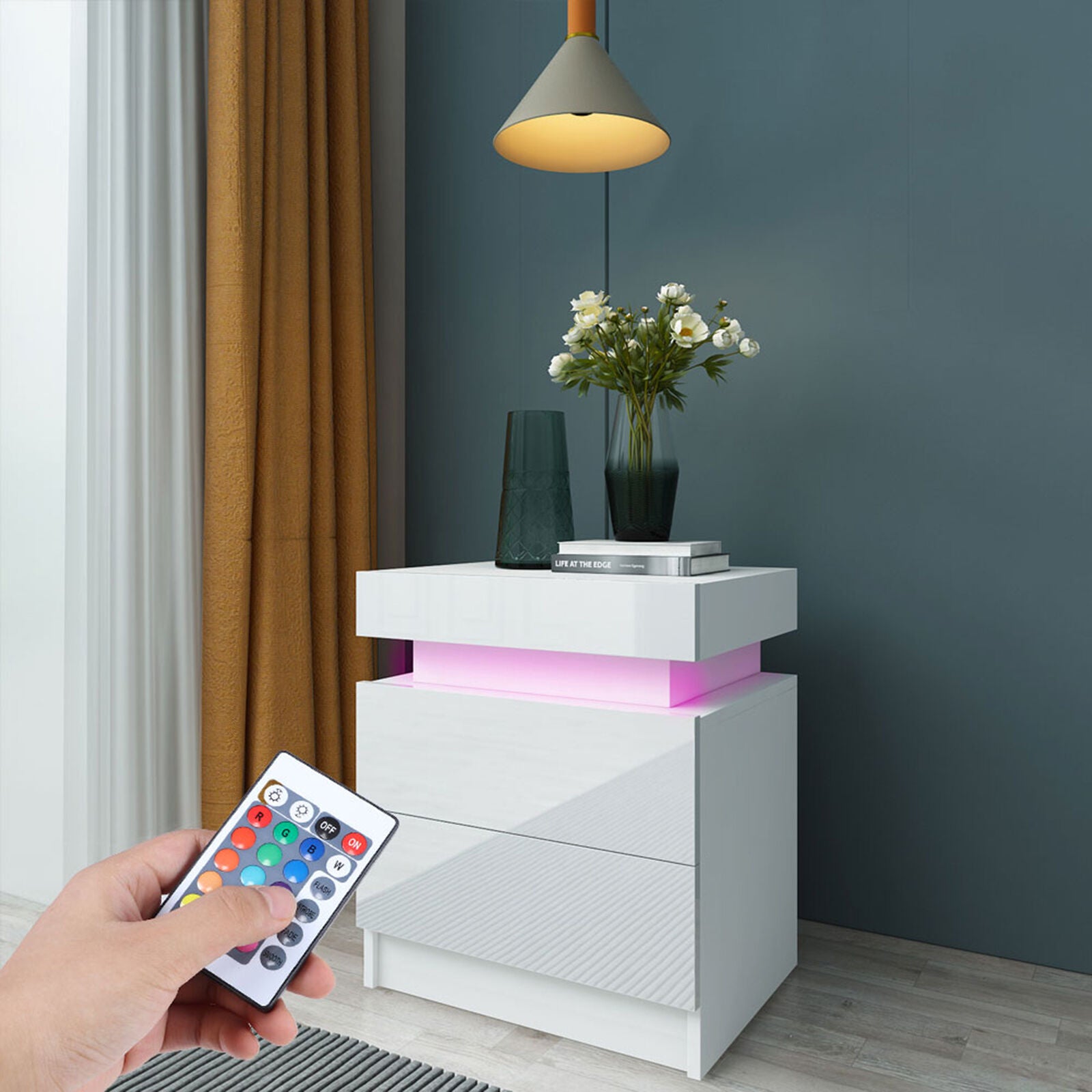 White LED Light Bedside Table Nightstand Cabinet High Gloss 2 Drawers Flip Cover