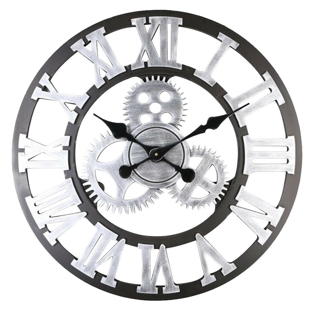 60cm Large Roman Numerals Wall Clock Indoor Outdoor Steampunk Cog Gear Clock