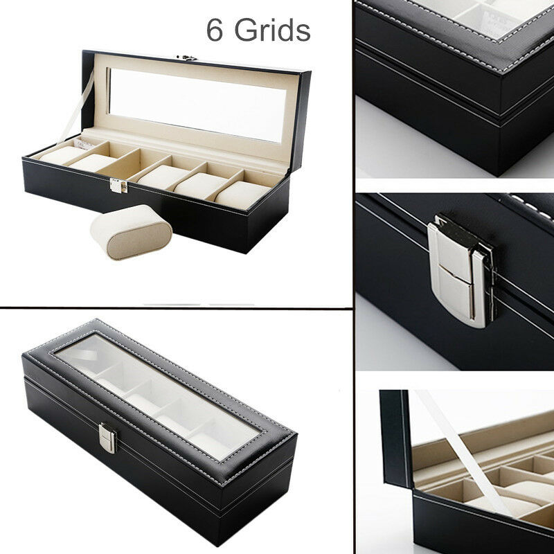 New 6 Grids Leather Watch Display Case Jewelry Collection Storage Holder Box UK