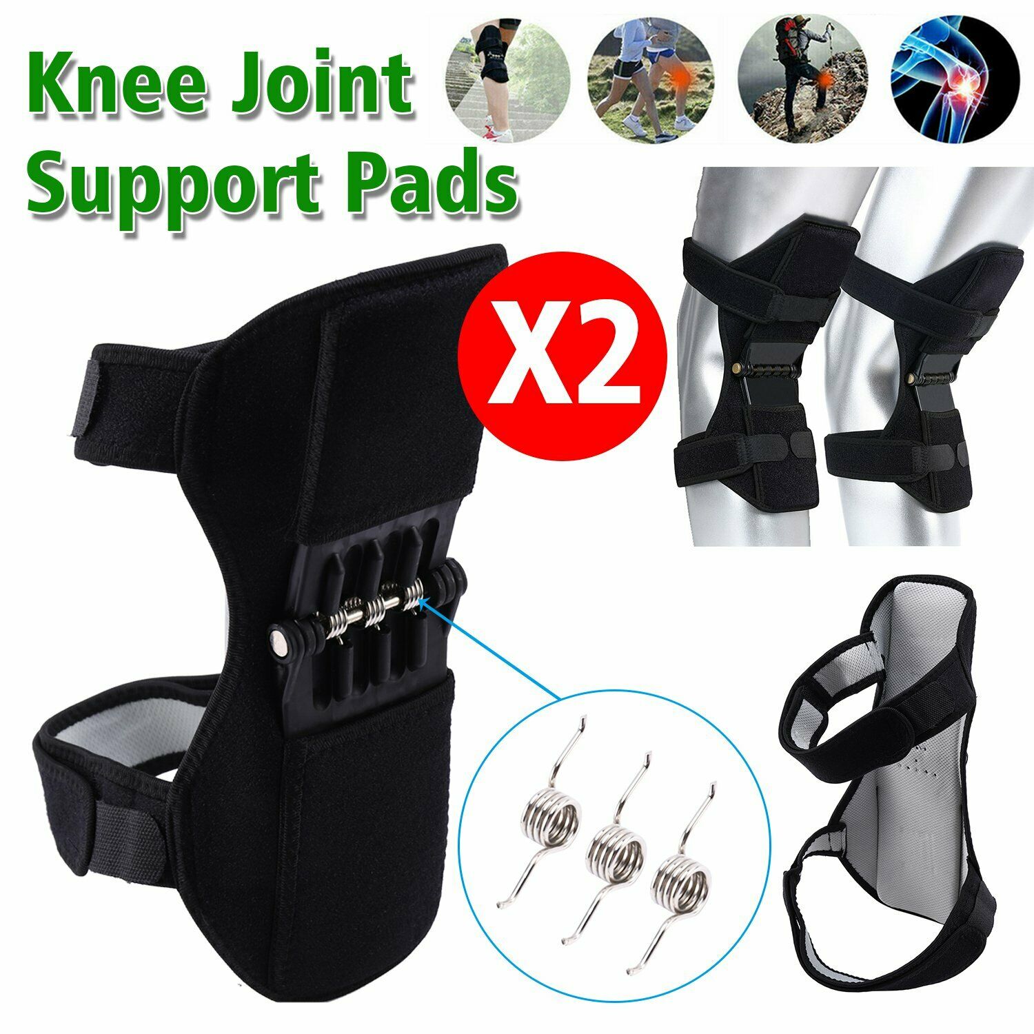 2x Power Lift Joint Support Knee Brace Pad Rebound Spring Force Running Kneepad