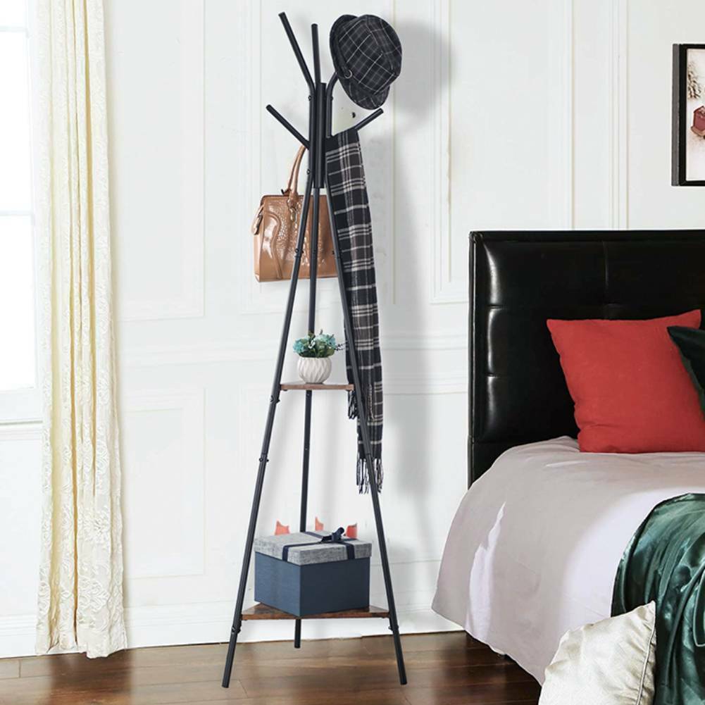 Tall Coat Stand 9 Hooks Clothes Storage Shelves Hat Freestanding Hallway Bedroom
