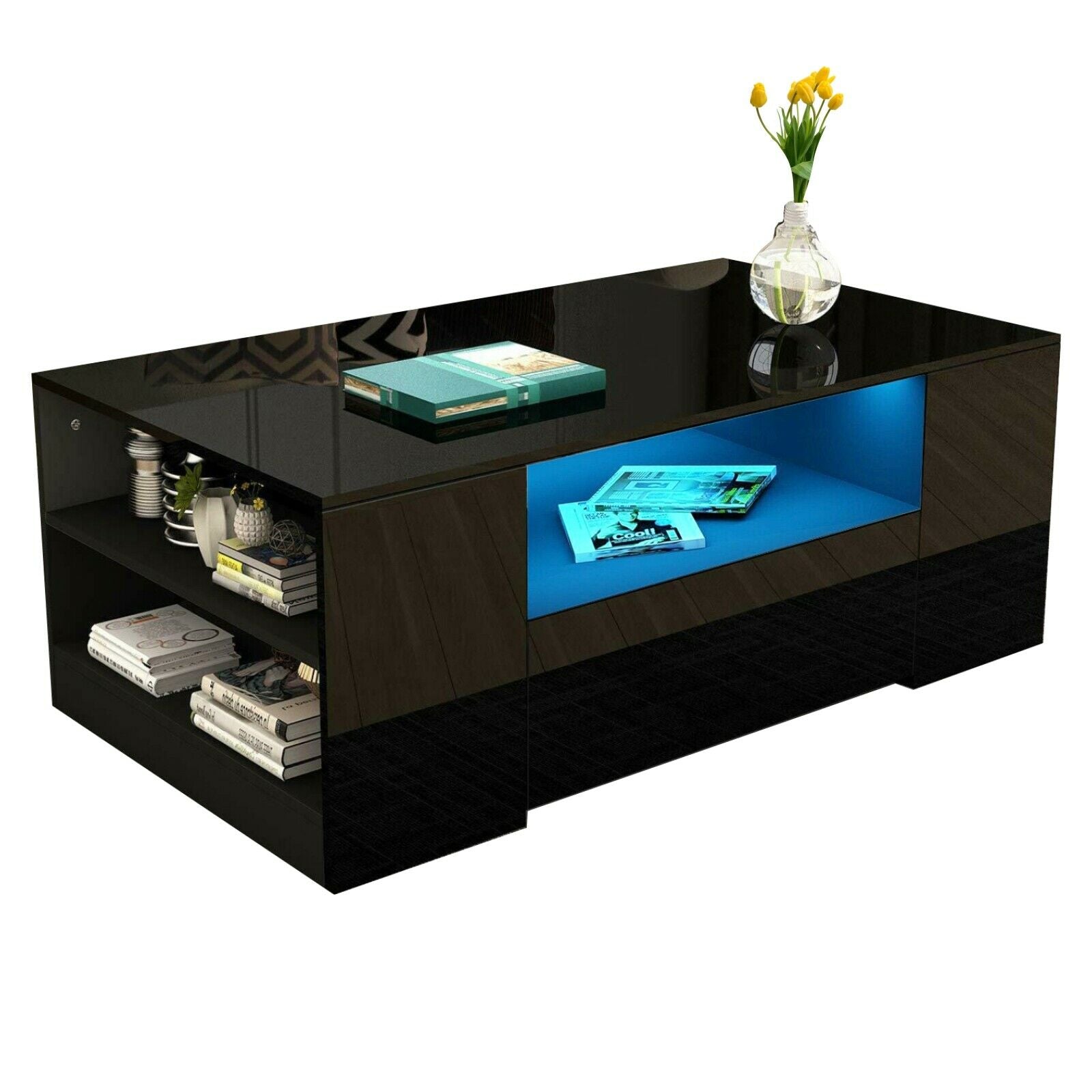 Black LED Wooden Coffee Table With Storage Drawers High Gloss Modern Living Room