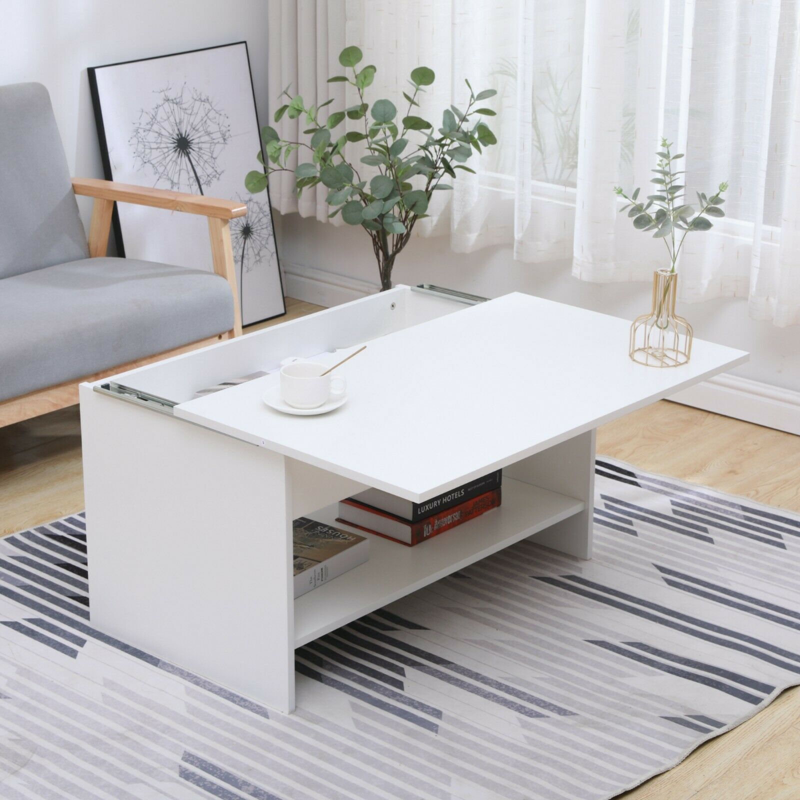 Wooden Sliding Top Coffee/Sofa/Tea Table Modern Living Room Bottom Storage Shelf