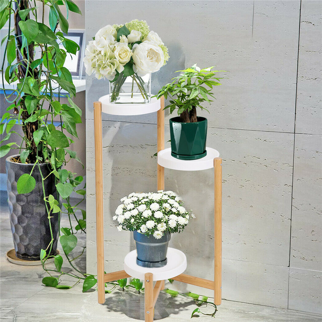 Indoor Corner Bamboo Plant Stand Round Planter Potted Holder End Table Display