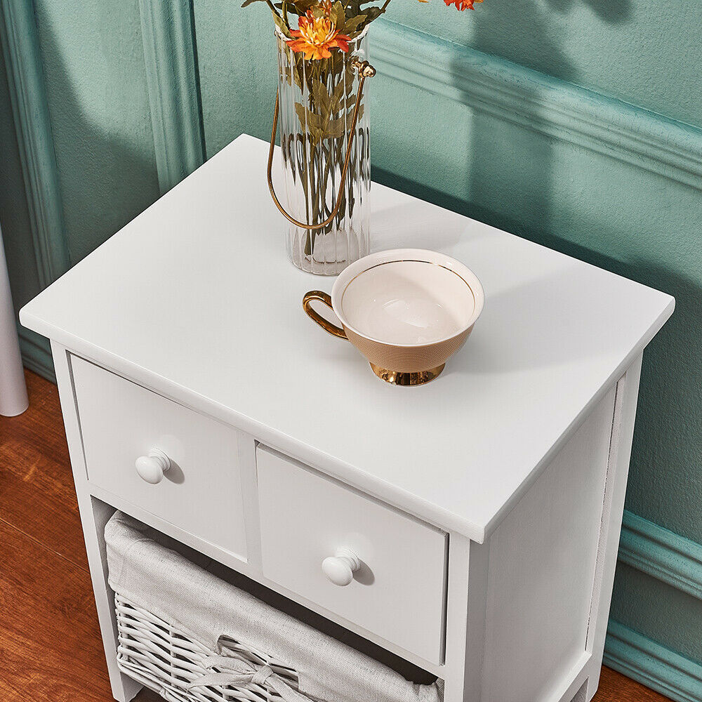Bedside Table Unit Cabinet Wicker Basket Nightstand 3 Drawer Storage Bathroom