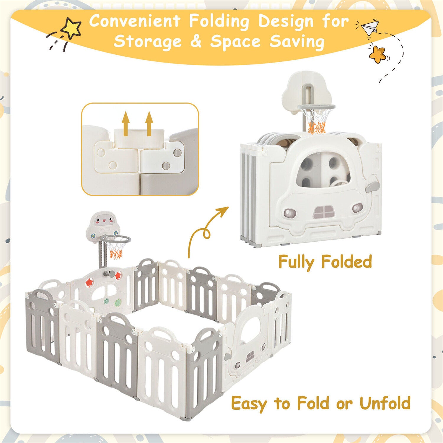 14 Panels Foldable Baby Playpen with Activity Panel & Basketball Hoop Grey HT