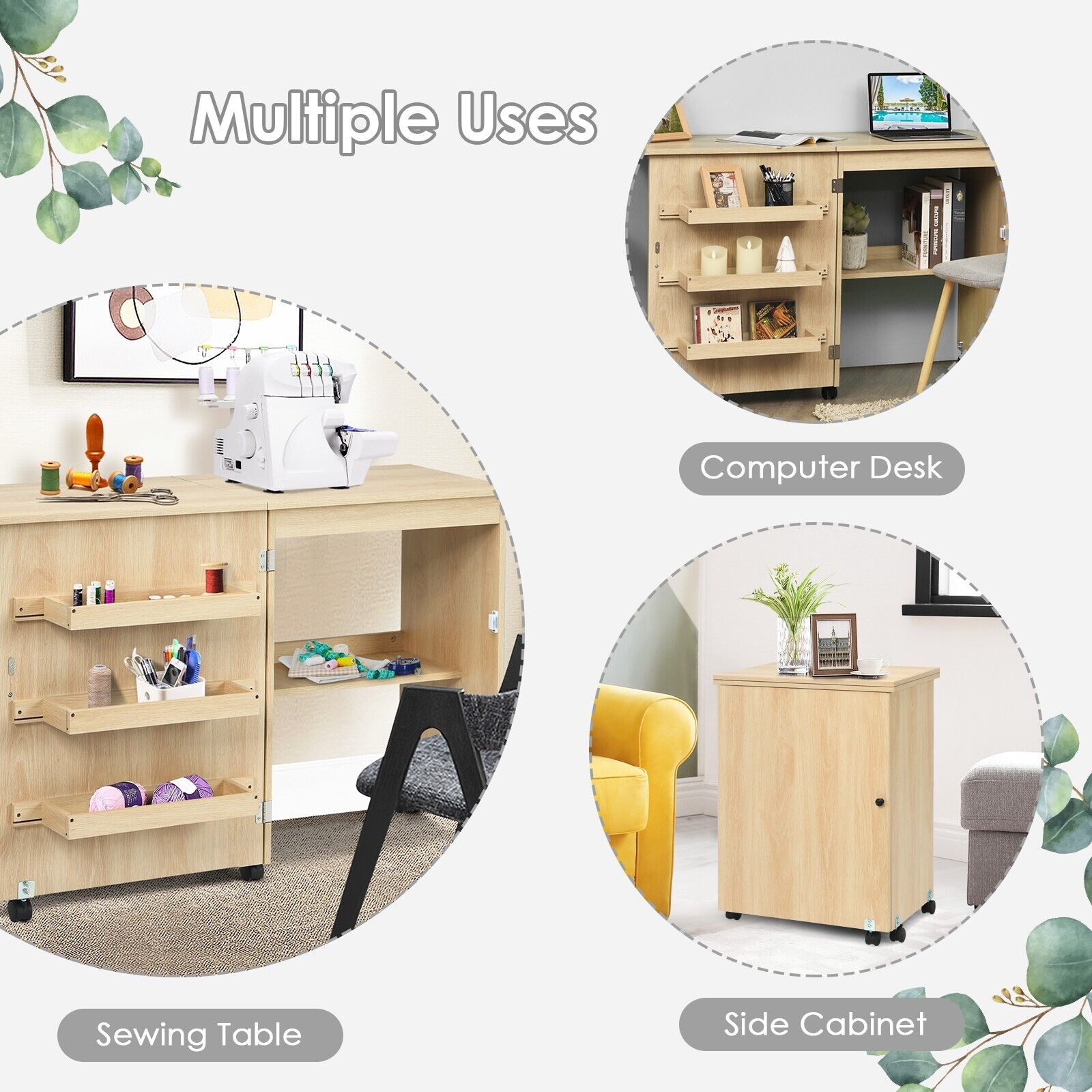 Folding Sewing Table 2 IN 1 Rolling Craft Table Home Office Desk Workstation