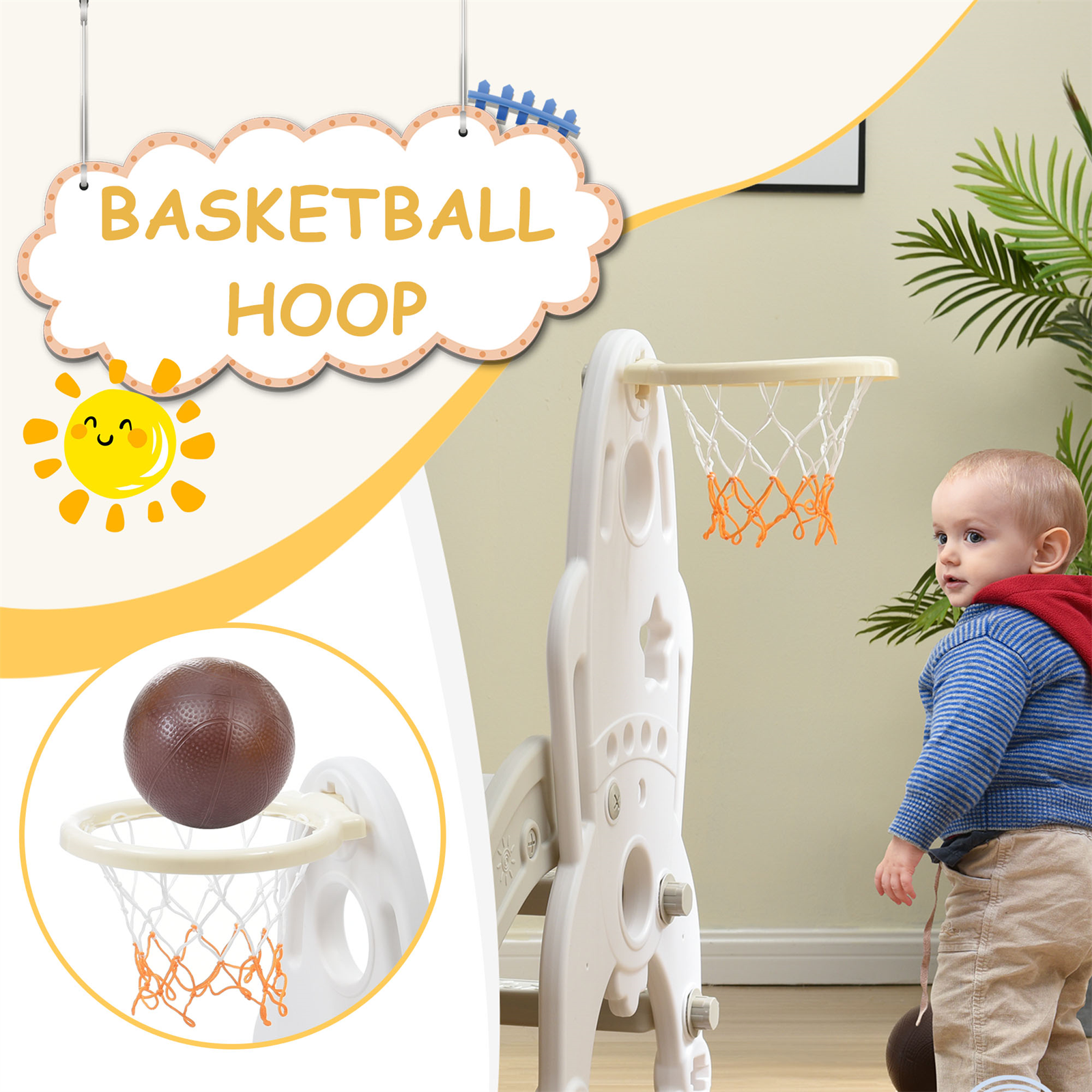4 in 1 Kids Swing & Slide Set Toddler Baby In/Outdoor Climber Basketball Hoop HT