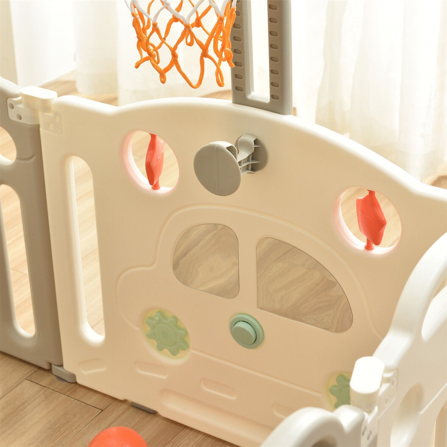 14 Panels Foldable Baby Playpen with Activity Panel & Basketball Hoop Grey HT