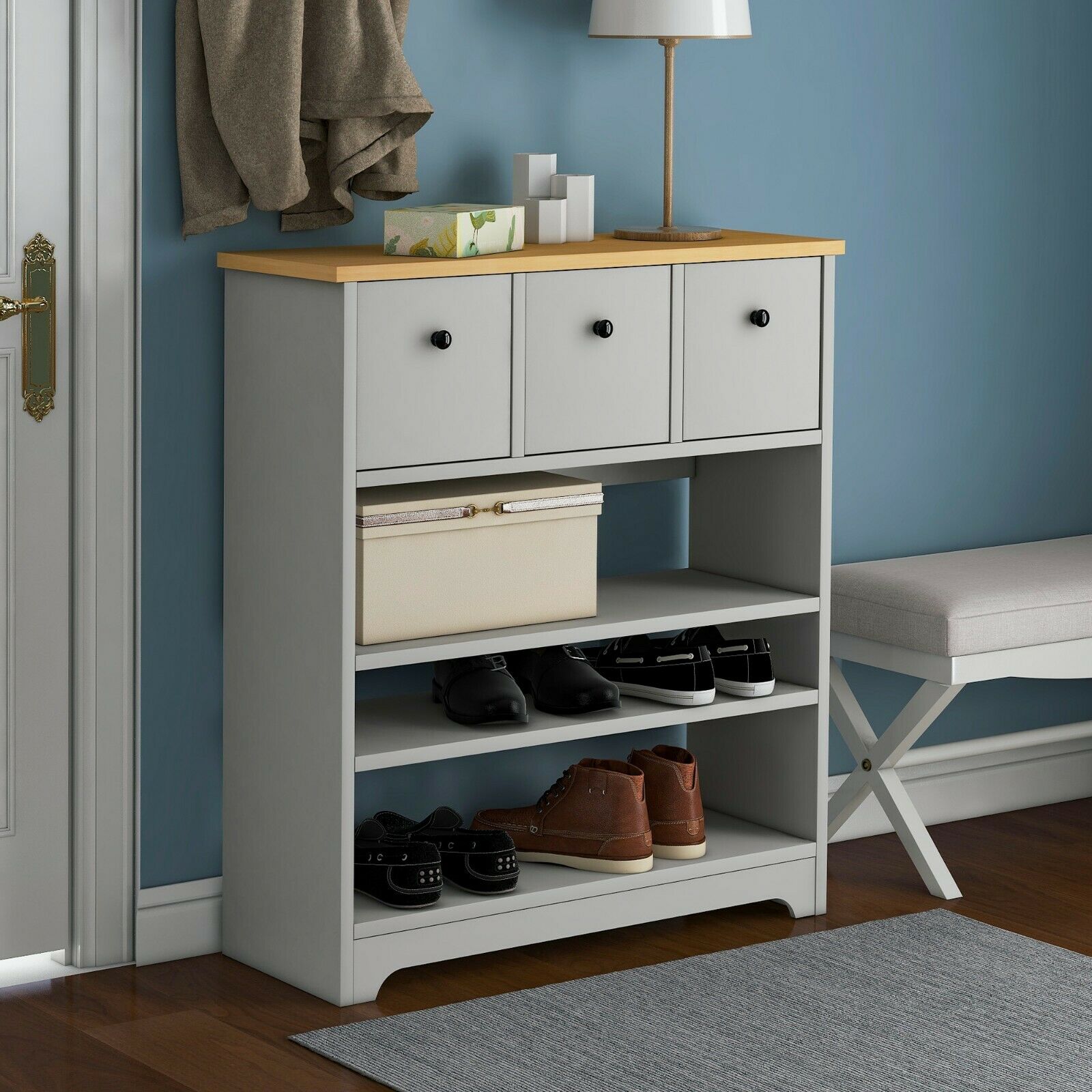 Wooden Side Cabinet 3 Tier Shoe Storage Cabinet Freestanding with Moveable Shelf