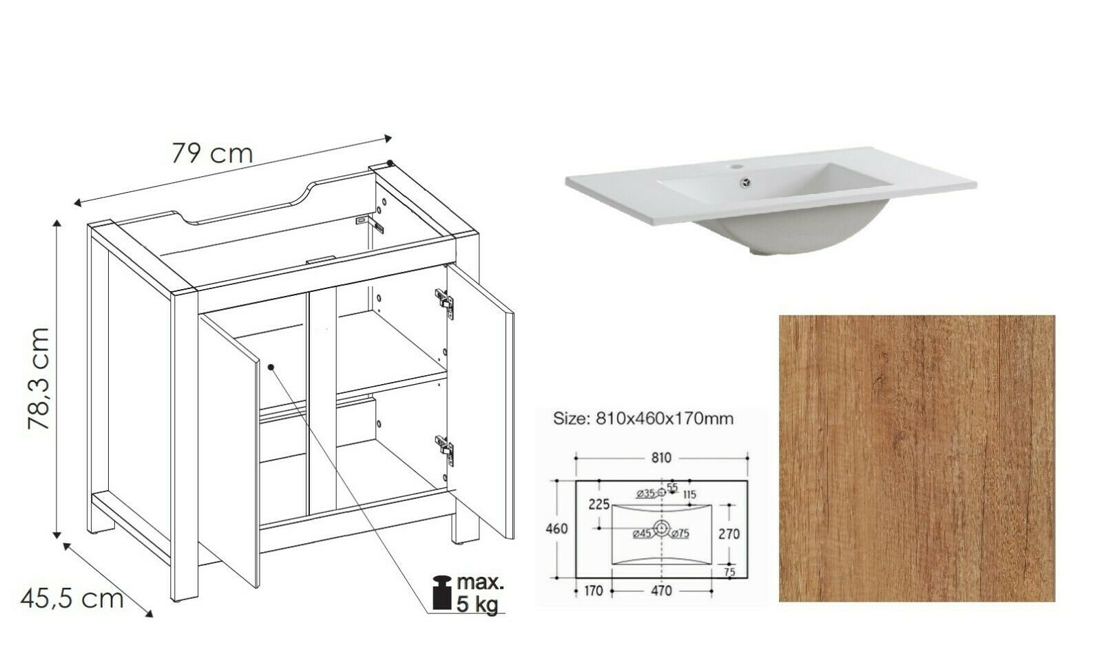 Bathroom Vanity Unit 800mm 80cm Floor Standing Sink Cabinet & Basin Classic Oak
