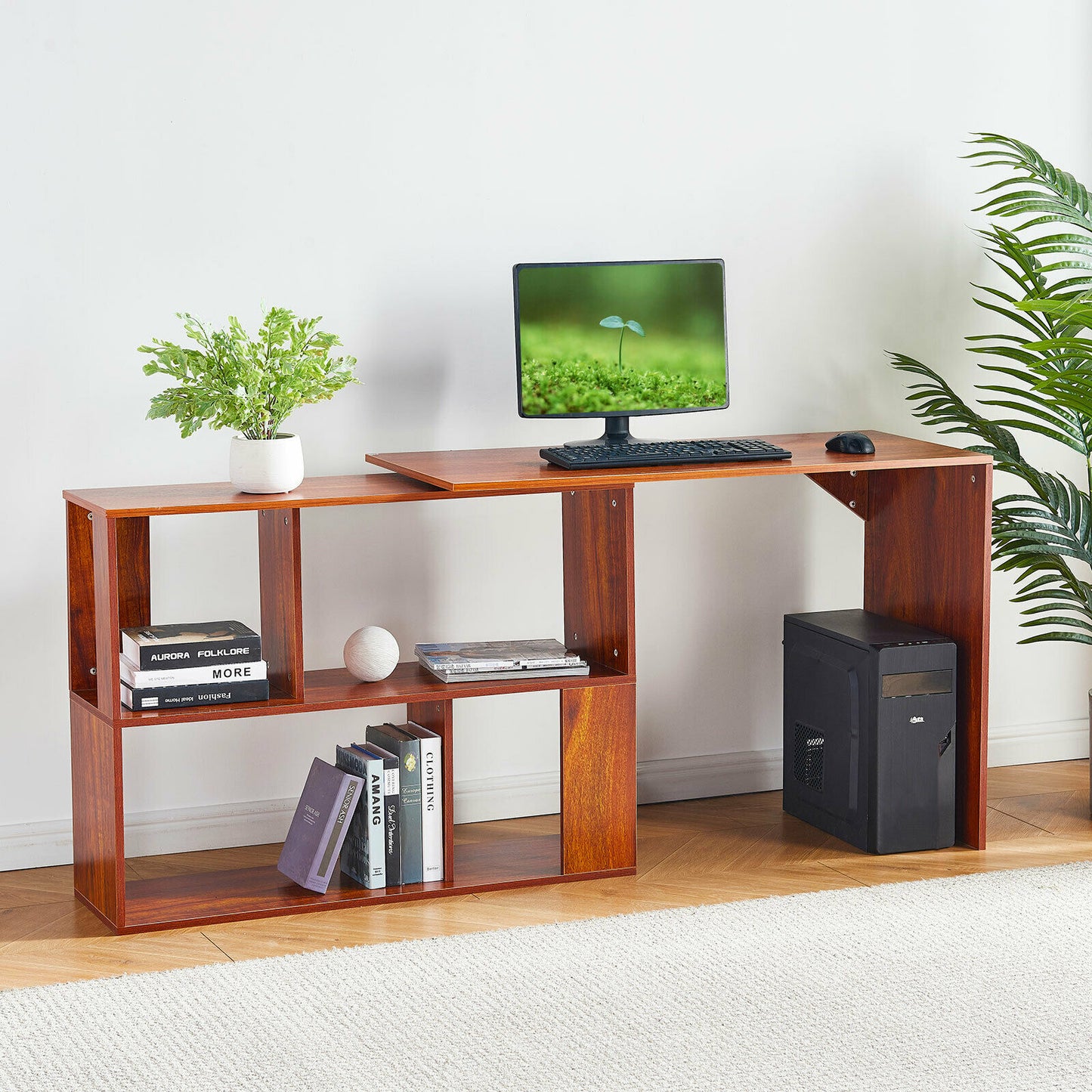Brown L-shaped Computer Desk Corner PC Table Workstation Home Office w/ Shelves