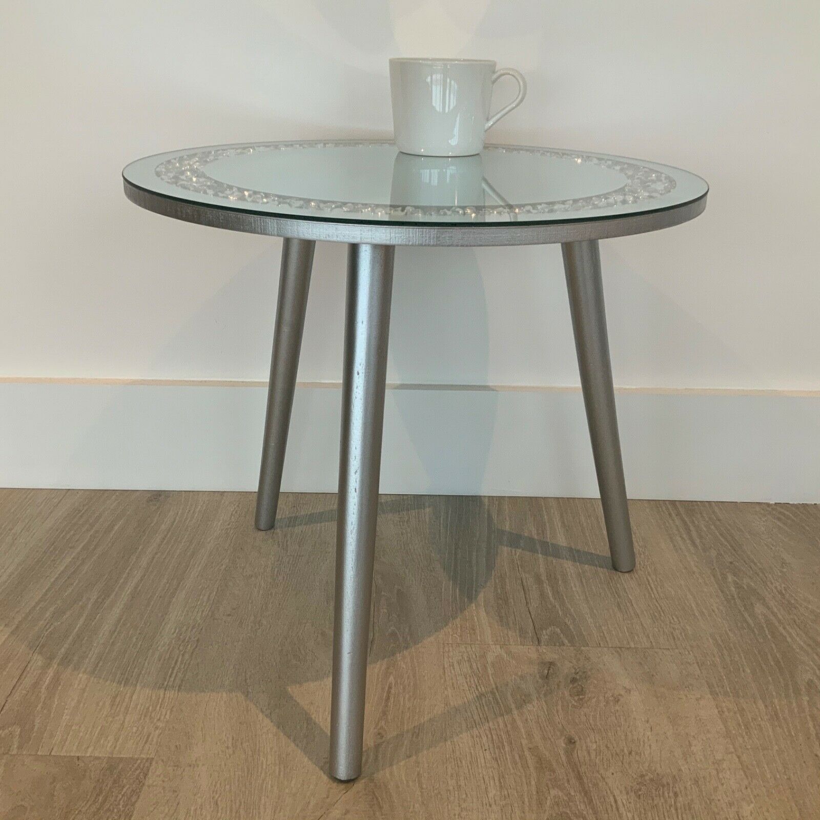 Round Crystal Mirrored Side Table Silver Sparkly Mirror Side Contemporary Retro