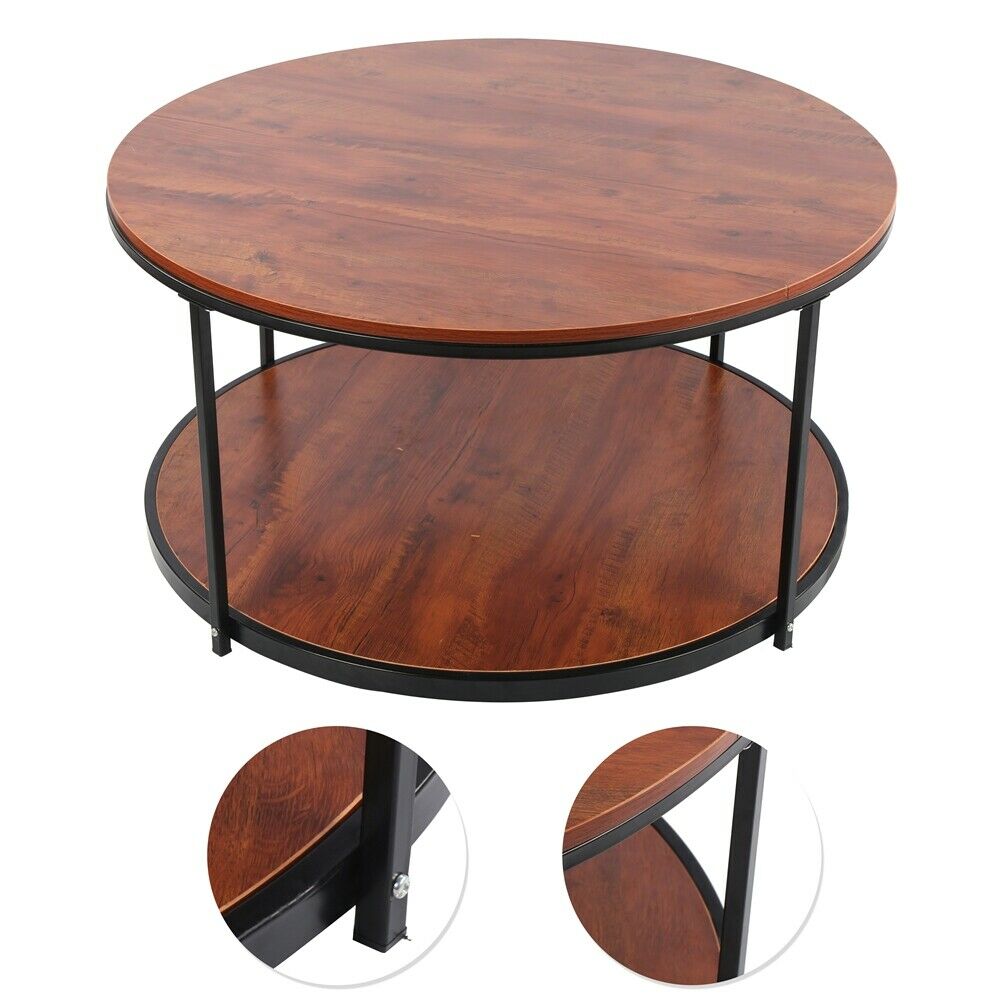 Industrial 2 Tier Round Coffee Tea Table Side End Living Room Storage Shelf Unit