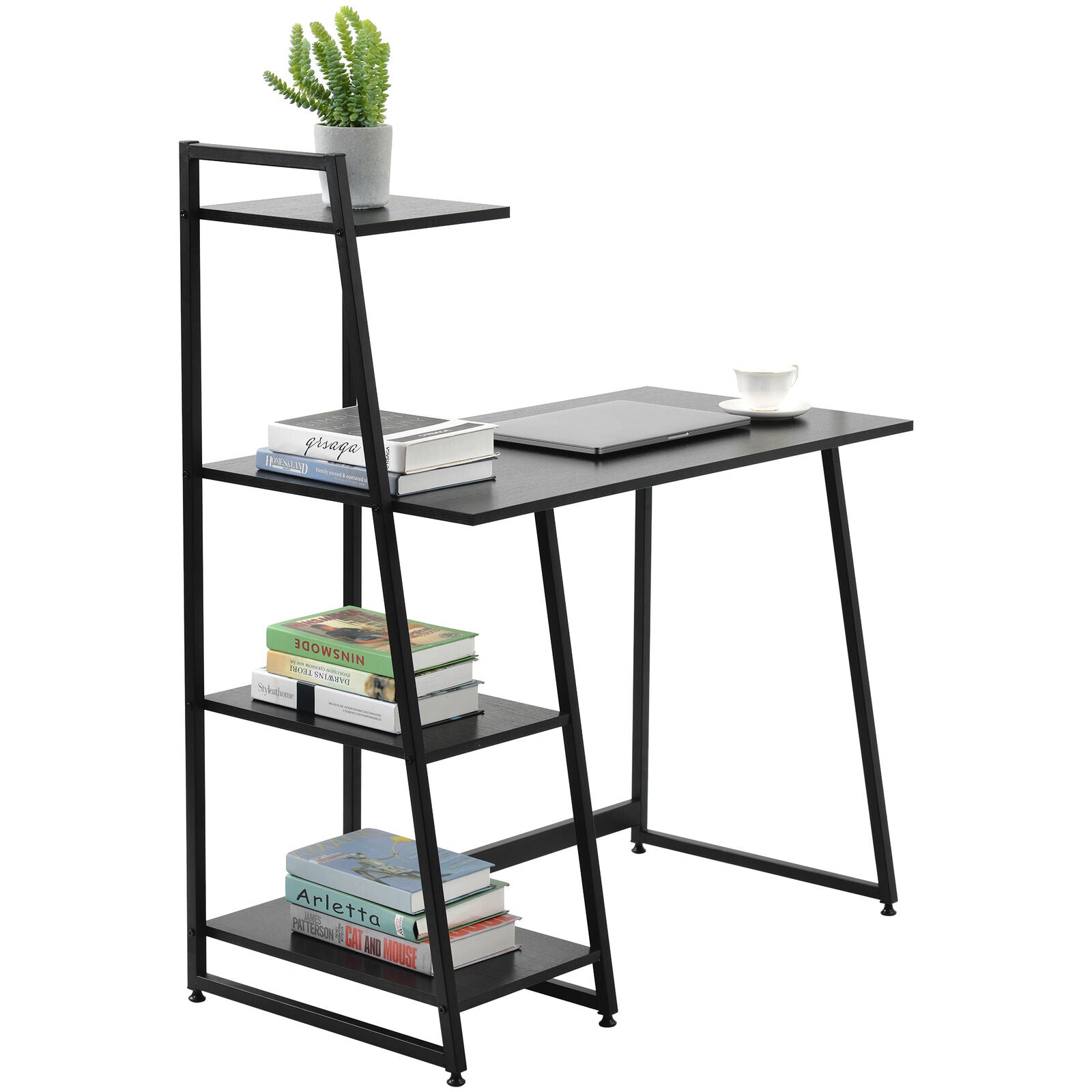 Computer Desk With 4 Tier Storage Shelves Desk Table with Bookshelf Home Office