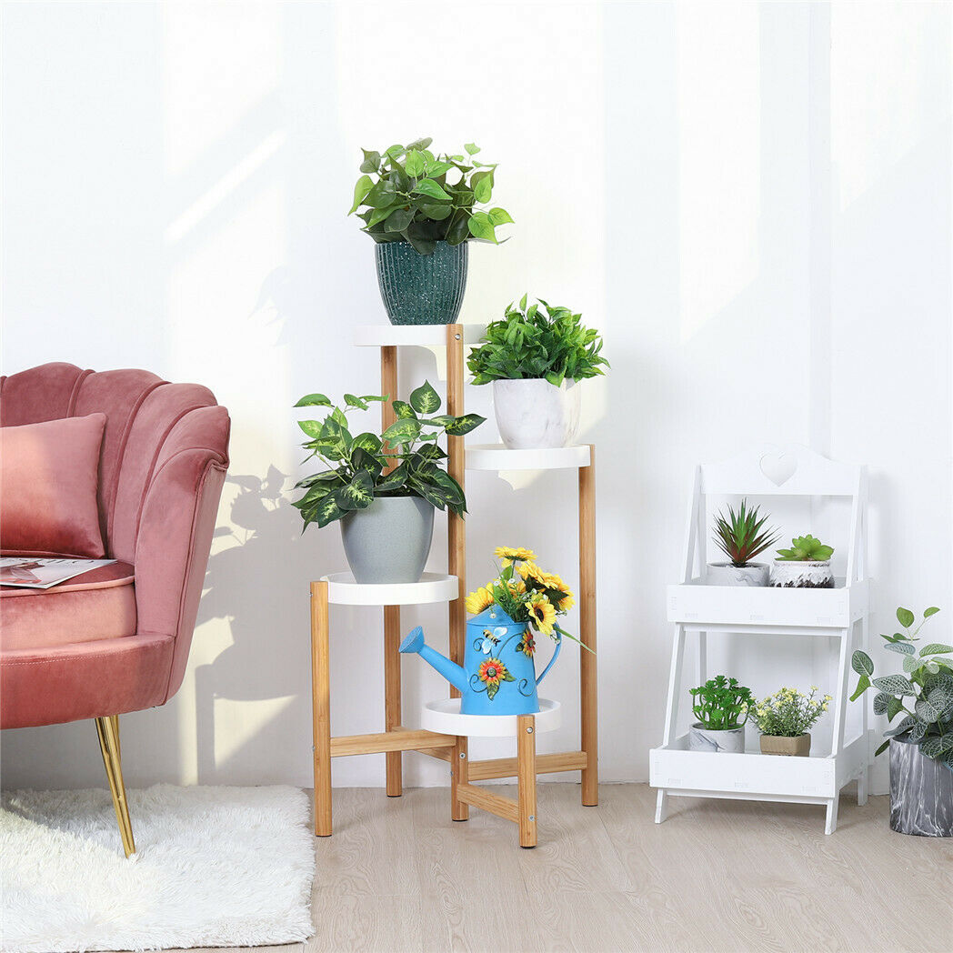 Indoor Corner Bamboo Plant Stand Round Planter Potted Holder End Table Display