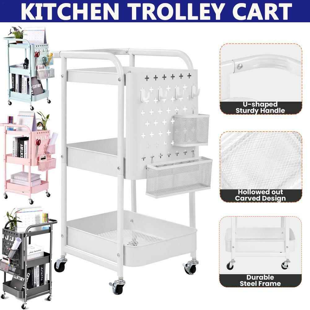 3 Tier Slim Kitchen Storage Trolley Cart Rack Tray Shelf Rolling Wheel W/ Handle